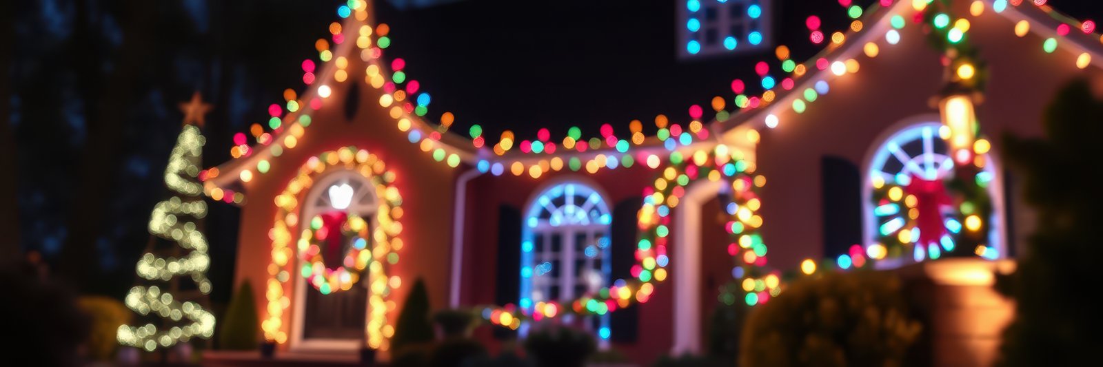 Colorful holiday lights adorn a beautifully decorated house for festive celebrations at night
